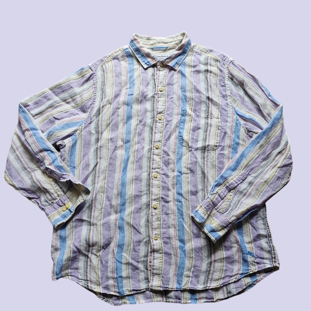 TOMMY BAHAMA 100% Linen Pocket Striped Multicolor Pastel Men's Shirt Size XL